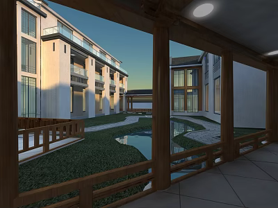 Chinese Style Architecture Courtyard with Hinged Doors Green Plants and Pond 3d model
