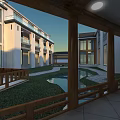 Chinese Style Architecture Courtyard with Hinged Doors Green Plants and Pond