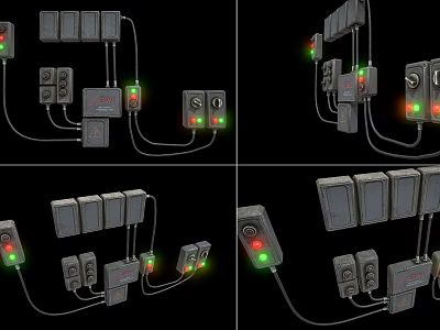 Multiple Modern Switch Panels With Illuminated Indicator Lights And Connected Cables 3d model