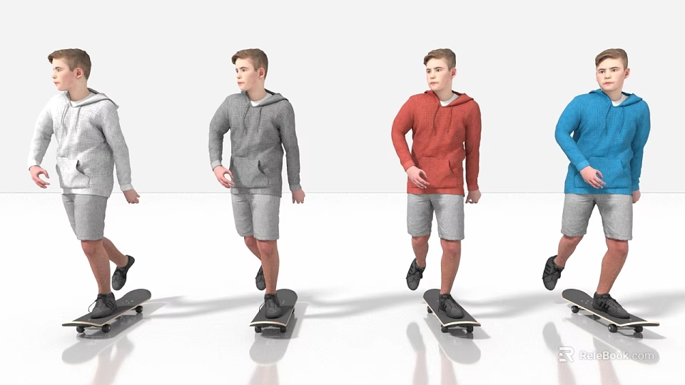 Men Riding Skateboards Dressed In Different Colored Hoodies And Shorts 3d model 