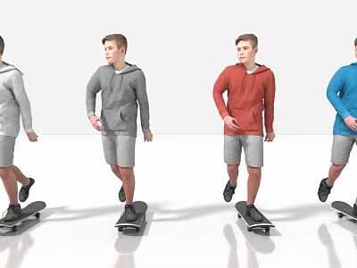 Men Riding Skateboards Dressed In Different Colored Hoodies And Shorts 3d model