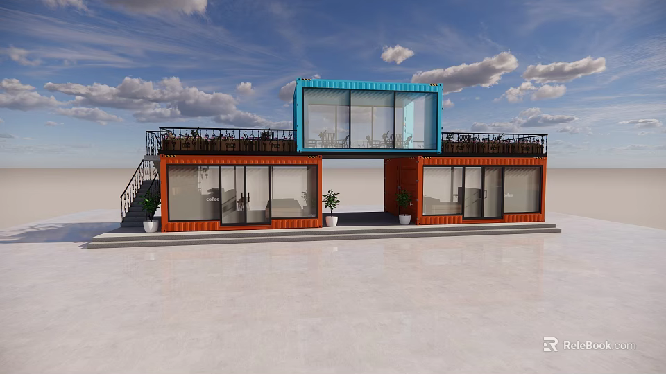 Industrial Container Building With Blue Orange Units Two Floors And Large Windows 3d model