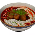 Appetizing Bowl of Noodles with Red Broth Tender Meat Chunks Green Onions and Fresh Coriander