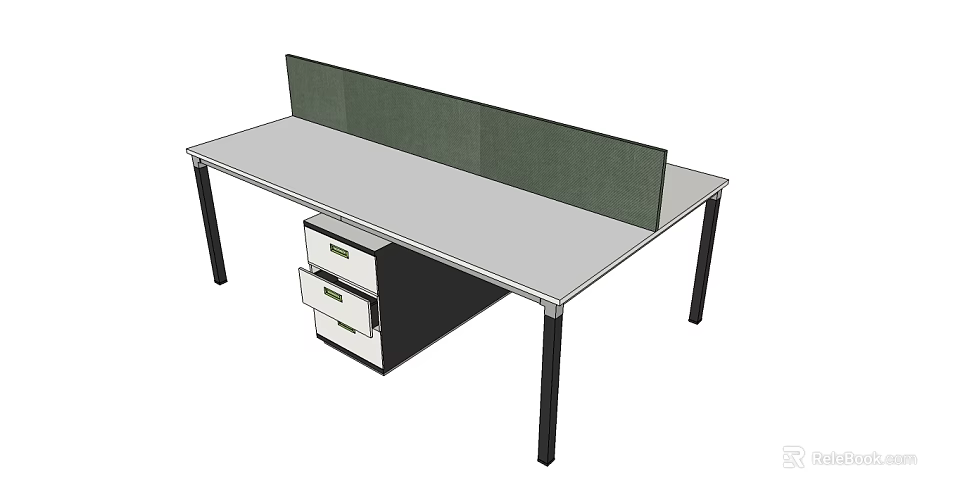 Modern Office Desk with Green Privacy Screen and Two Drawer Cabinet Setup 3d model