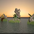 Garden Ornament Rock Scenery With Green Plants Leaves On Sunset Water Surface Golden Reflections