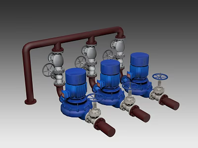 Industrial Process Equipment System Featuring Blue Pumps Red Pipes And Control Valves 3d model