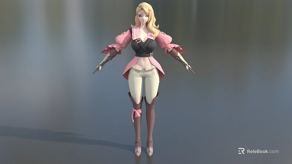 Game Movie Character with Blonde Hair Pink Black Top White Pants Brown Boots Ribbon Details 3d model 