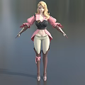 Game Movie Character with Blonde Hair Pink Black Top White Pants Brown Boots Ribbon Details