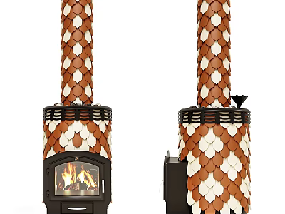 Modern Scaled Fireplace Design With Brown White Tiles And Burning Flame 3d model