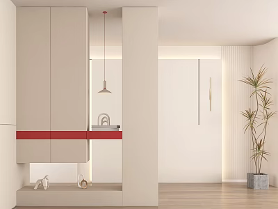 Modern Entryway Cabinet And Side Cabinet With Mirror Lighting Plant And Wooden Floor 3d model