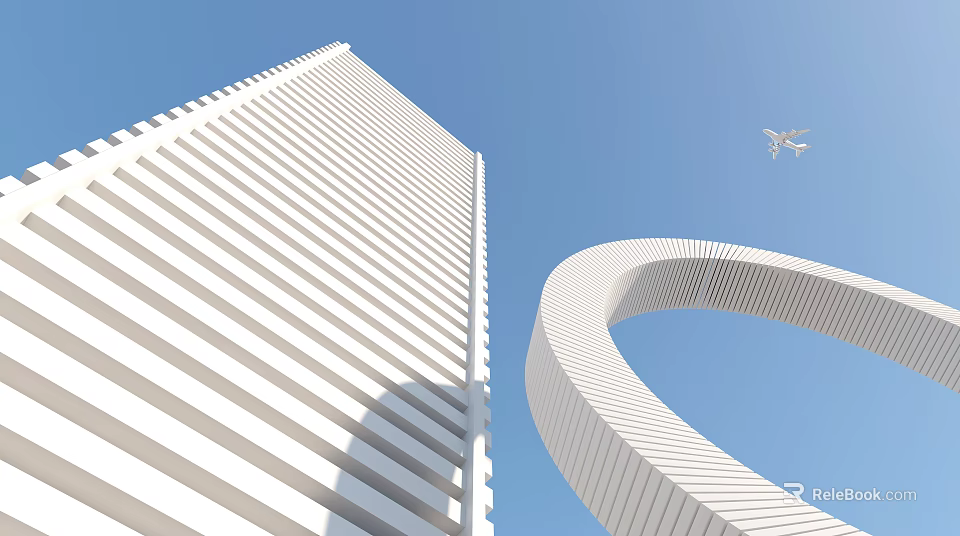 White High Rise Building And Circular Structure With Airplane Flying In Blue Sky 3d model 