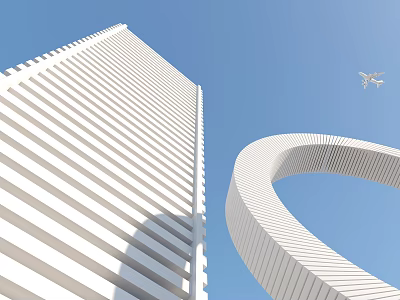 White High Rise Building And Circular Structure With Airplane Flying In Blue Sky 3d model