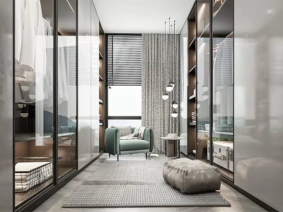 Modern Walk in Closet Interior Design With Glass Front Cabinets Seating Bench And Lighting Fixtures 3d model