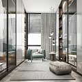 Modern Walk in Closet Interior Design With Glass Front Cabinets Seating Bench And Lighting Fixtures