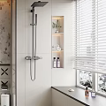 Stylish Modern Bathroom Interior With Floral Wallpaper Round Mirror Black Vanity And Geometric Tiles