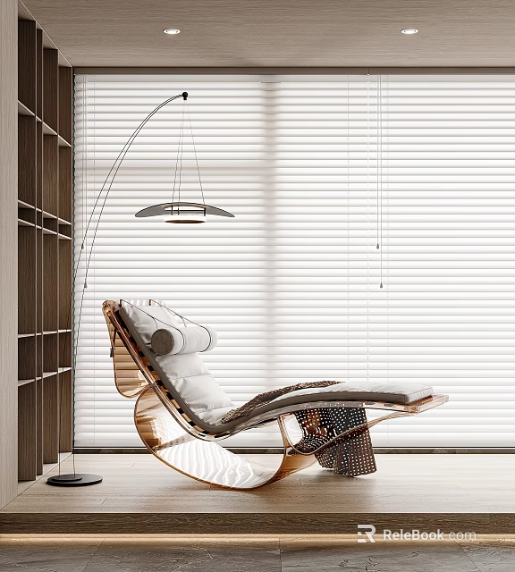 Modern Lounge Chair With Wooden Frame White Cushion White Blinds Floor Lamp 3d model 