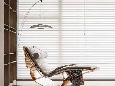 Modern Lounge Chair With Wooden Frame White Cushion White Blinds Floor Lamp 3d model