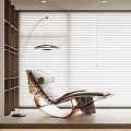 Modern Lounge Chair With Wooden Frame White Cushion White Blinds Floor Lamp