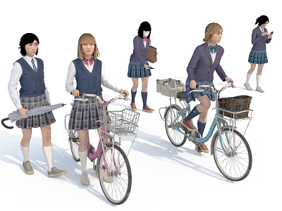 Students In School Uniforms Riding Bicycles With Baskets And Holding Umbrellas 3d model