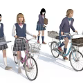 Students In School Uniforms Riding Bicycles With Baskets And Holding Umbrellas