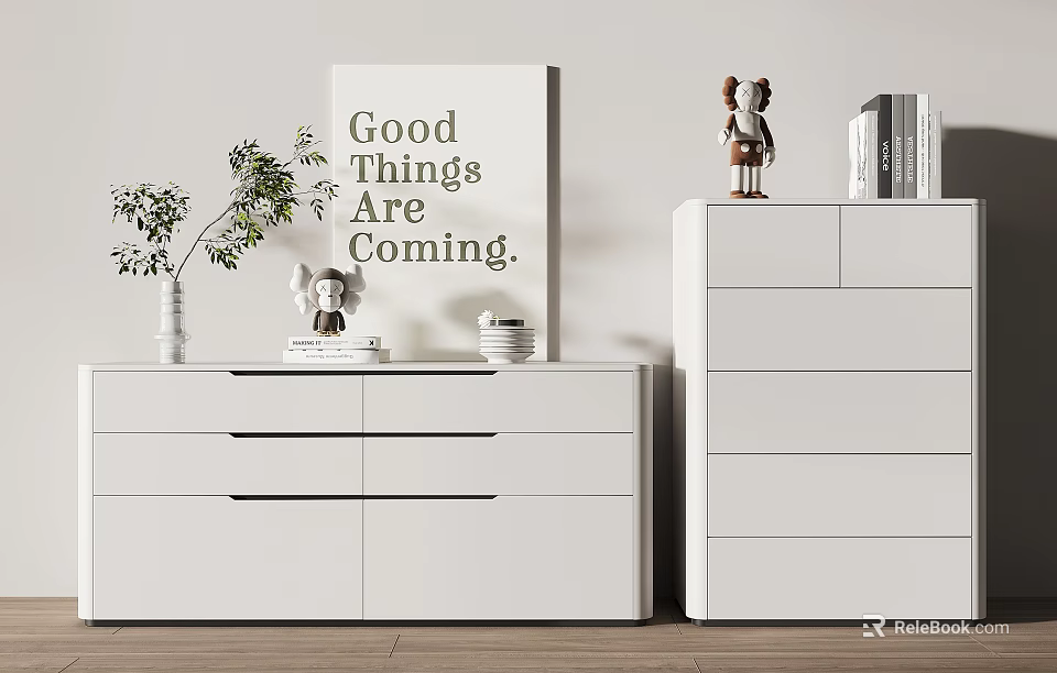 White Modern Console Cabinet And Side Cabinet With Plant Decor Painting And Books 3d model 