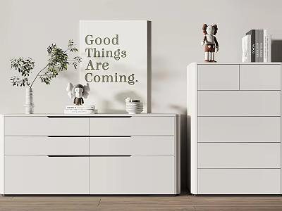 White Modern Console Cabinet And Side Cabinet With Plant Decor Painting And Books 3d model