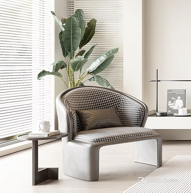 Modern Checkered Upholstered Accent Chair With Cushion Near Large Plant And Side Table By Blinds 3d model 