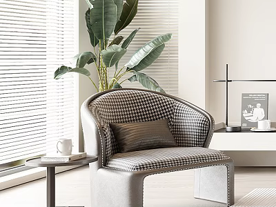 Modern Checkered Upholstered Accent Chair With Cushion Near Large Plant And Side Table By Blinds 3d model