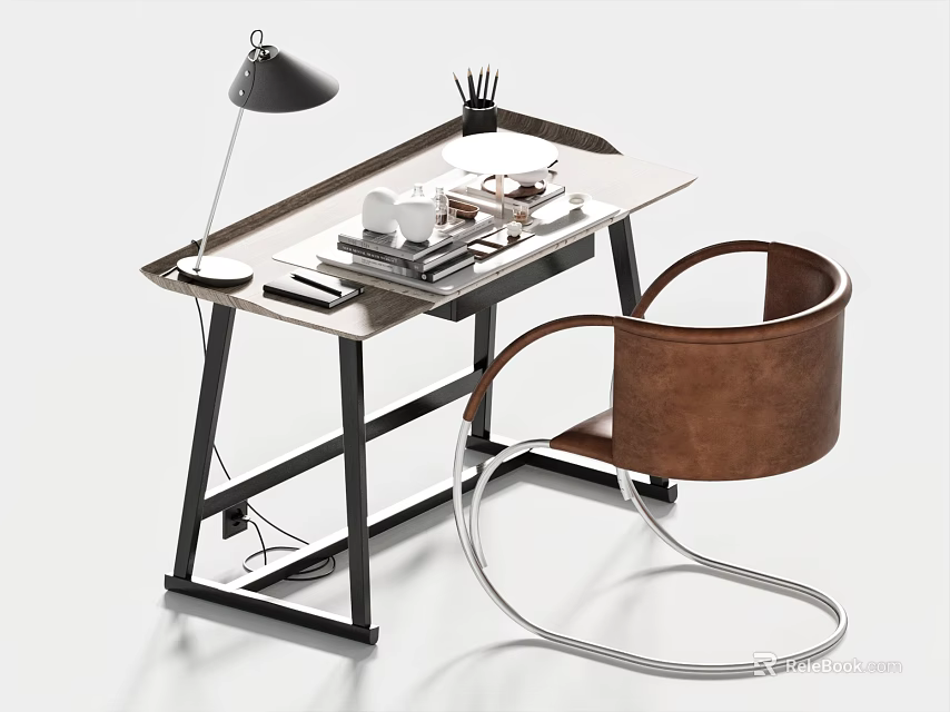 Modern Desk With Wooden Top Metal Frame Table Lamp Stationery And Chair 3d model 