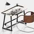 Modern Desk With Wooden Top Metal Frame Table Lamp Stationery And Chair