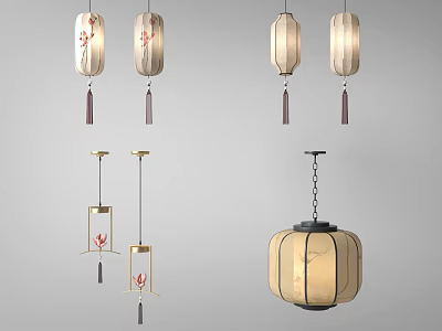 Chinese Style Pendant Lights With Lantern Shapes Fabric Shades And Tassel Decorations 3d model