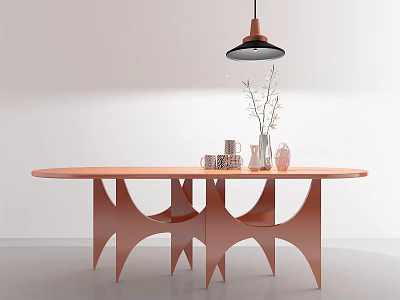 Orange Oval Dining Table With Unique Curved Legs And Decorative Vase Under Pendant Light 3d model