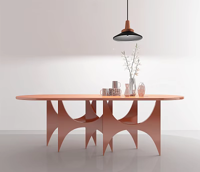 Orange Oval Dining Table With Unique Curved Legs And Decorative Vase Under Pendant Light 3d model