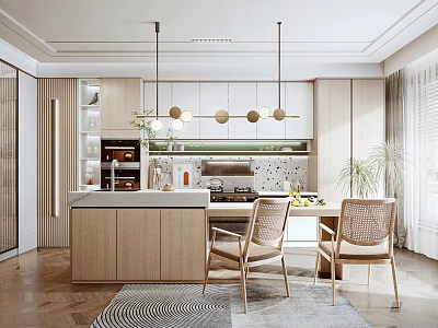 Modern Kitchen Interior With Wooden Cabinets Island Counter Pendant Lights And Two Chairs 3d model