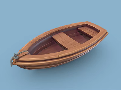 Classic Wooden Boat With Brown Hull And Bench Seats On Blue Background 3d model