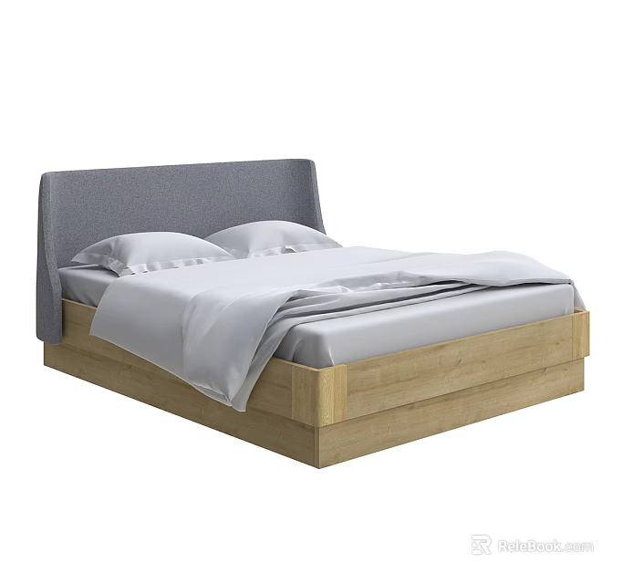 Modern Double Bed with Grey Upholstered Headboard Wooden Frame White Sheets and Pillows 3d model 