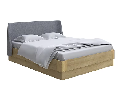 Modern Double Bed with Grey Upholstered Headboard Wooden Frame White Sheets and Pillows 3d model