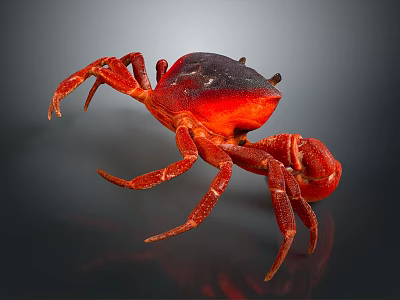 Vibrant Red Crab With Shiny Dark Shell On Dark Background Displaying Extended Legs And Claws 3d model
