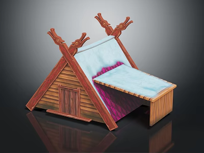 Traditional Wooden Architectural Model With Triangular Roof Carved Top Decorations And Colored Roof Sections 3d model