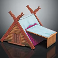 Traditional Wooden Architectural Model With Triangular Roof Carved Top Decorations And Colored Roof Sections