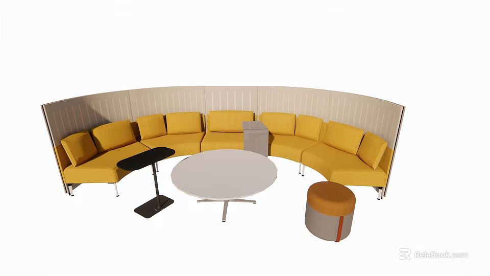 Yellow Curved Sectional Sofa With White Round Table Black Side Table And Orange Ottoman 3d model
