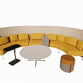 Yellow Curved Sectional Sofa With White Round Table Black Side Table And Orange Ottoman 3d model
