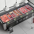 Fresh Food Display Freezer In Supermarket With Fresh Meat Seafood And Shopping Cart