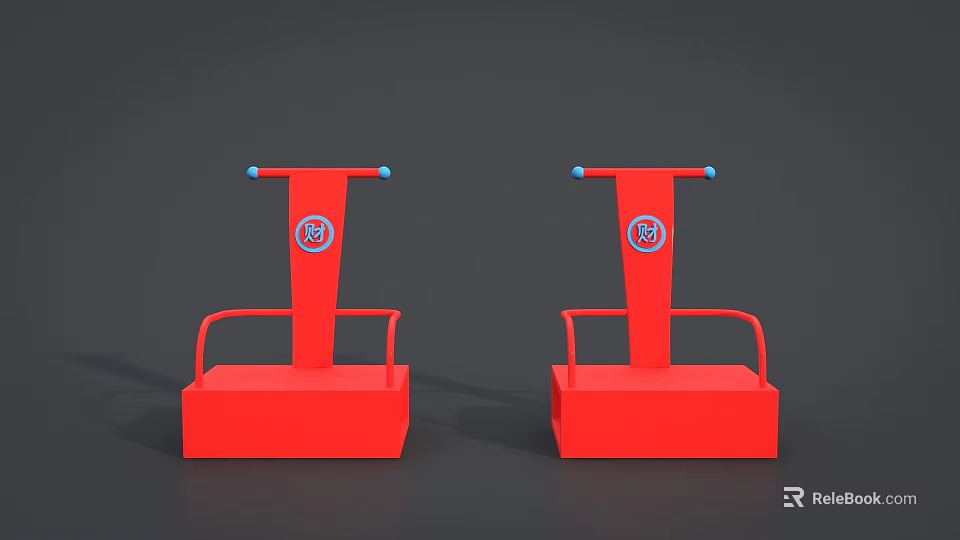 Two Red Training Devices With Blue Handles And Circular Logos 3d model