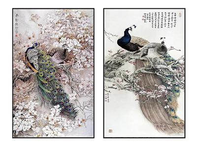 Traditional Peacock Animal Paintings with Vibrant Feathers Perched on Cherry Blossom and Plum Branches 3d model
