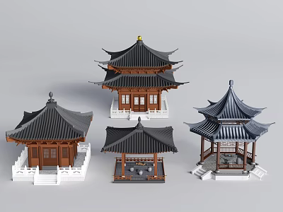 Traditional Chinese Garden Pavilions With Various Designs Multi Layered Roofs Wooden Structures And White Bases 3d model