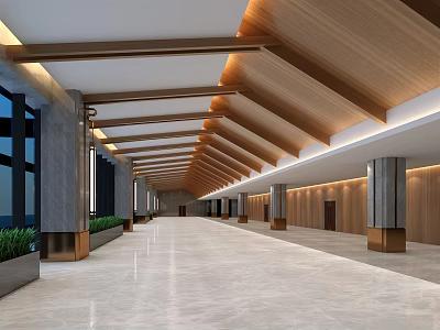 Spacious Modern Hotel Lobby With Marble Floor Wooden Ceiling Columns And Green Plants 3d model
