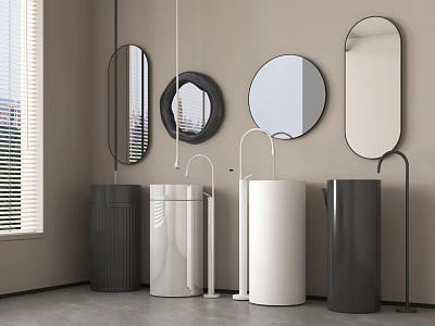 Modern Minimalist Pedestal Washbasins in Black White Grey with Various Shaped Mirrors 3d model