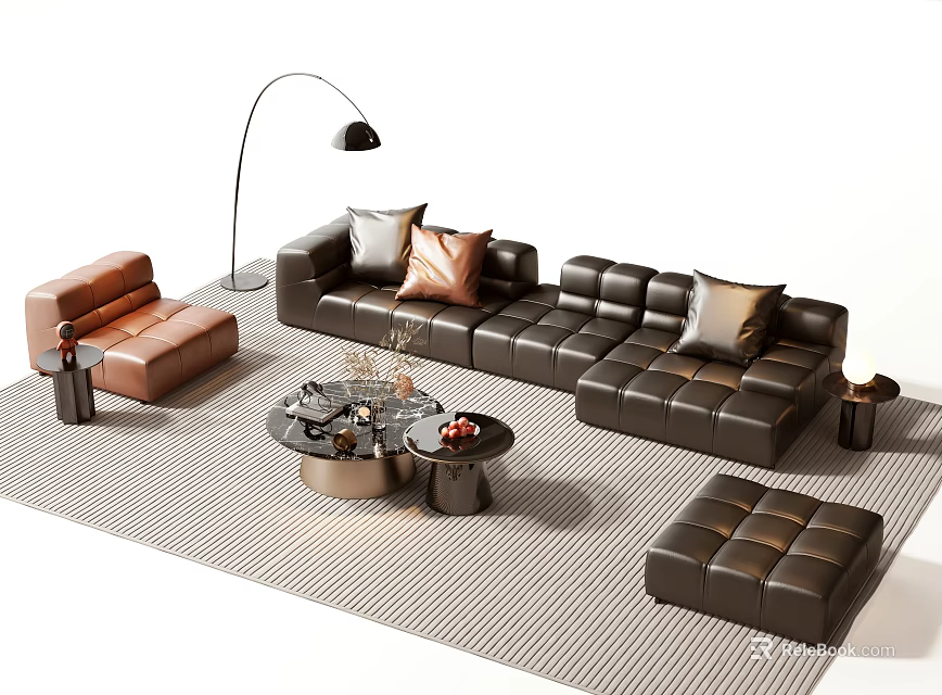 Modern Leather Sectional Sofa and Coffee Table Set with Accent Chair Ottoman and Floor Lamp 3d model 