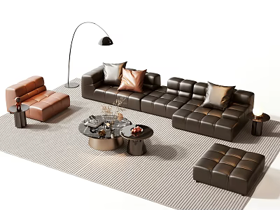 Modern Leather Sectional Sofa and Coffee Table Set with Accent Chair Ottoman and Floor Lamp 3d model